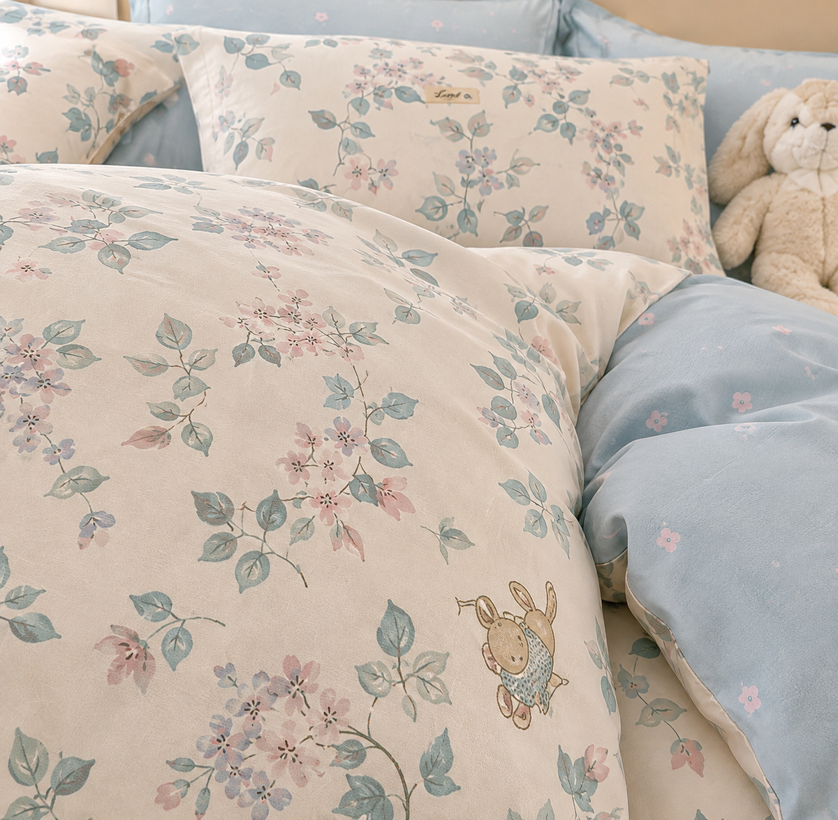 Ensemble de literie 4 pièces 100 % coton – Bleu fleuri