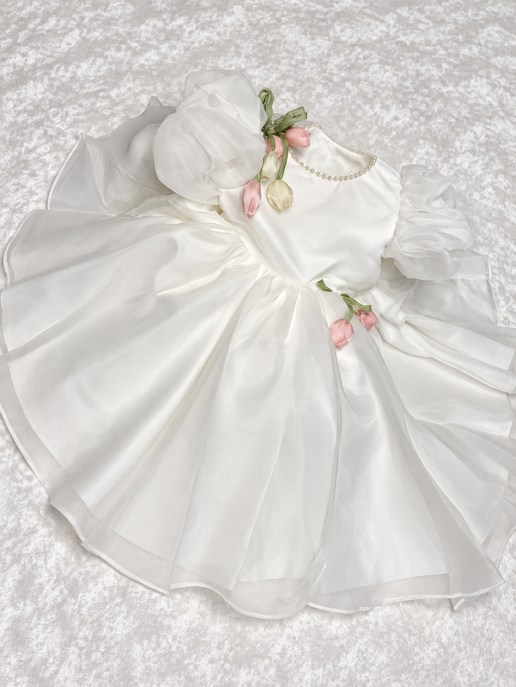 Robe Princesse Tulipe Blanche et Rose Poudré | Mini Elegance