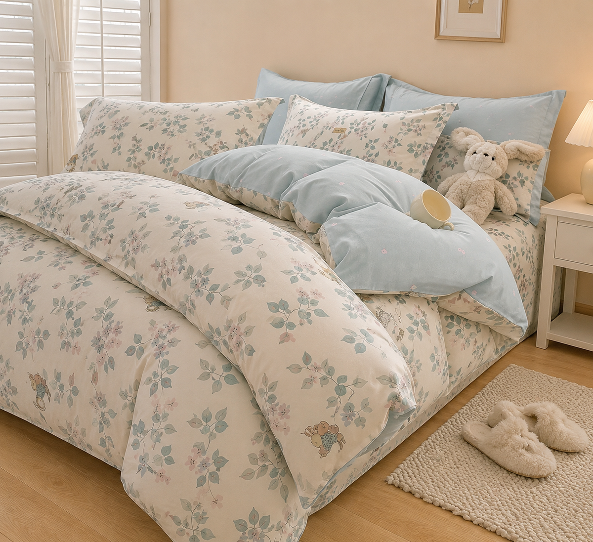 Ensemble de literie 4 pièces 100 % coton – Bleu fleuri