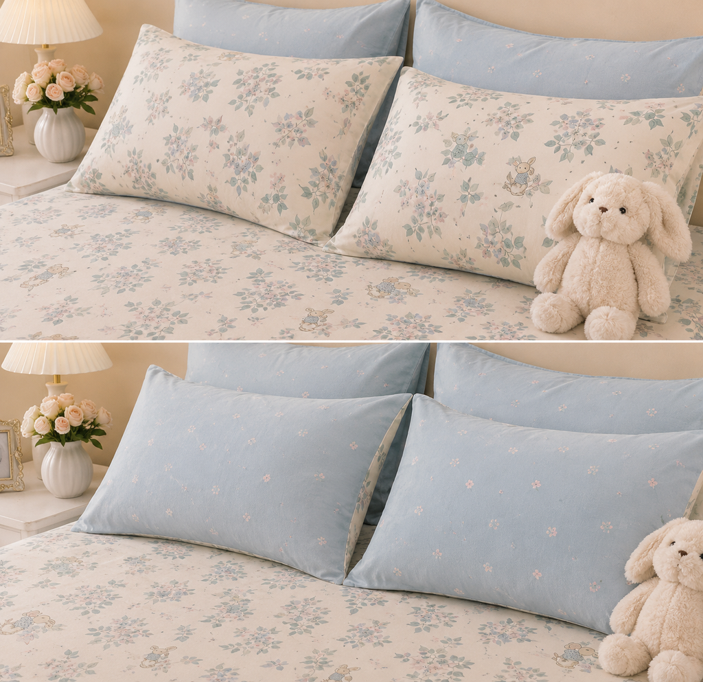 Ensemble de literie 4 pièces 100 % coton – Bleu fleuri