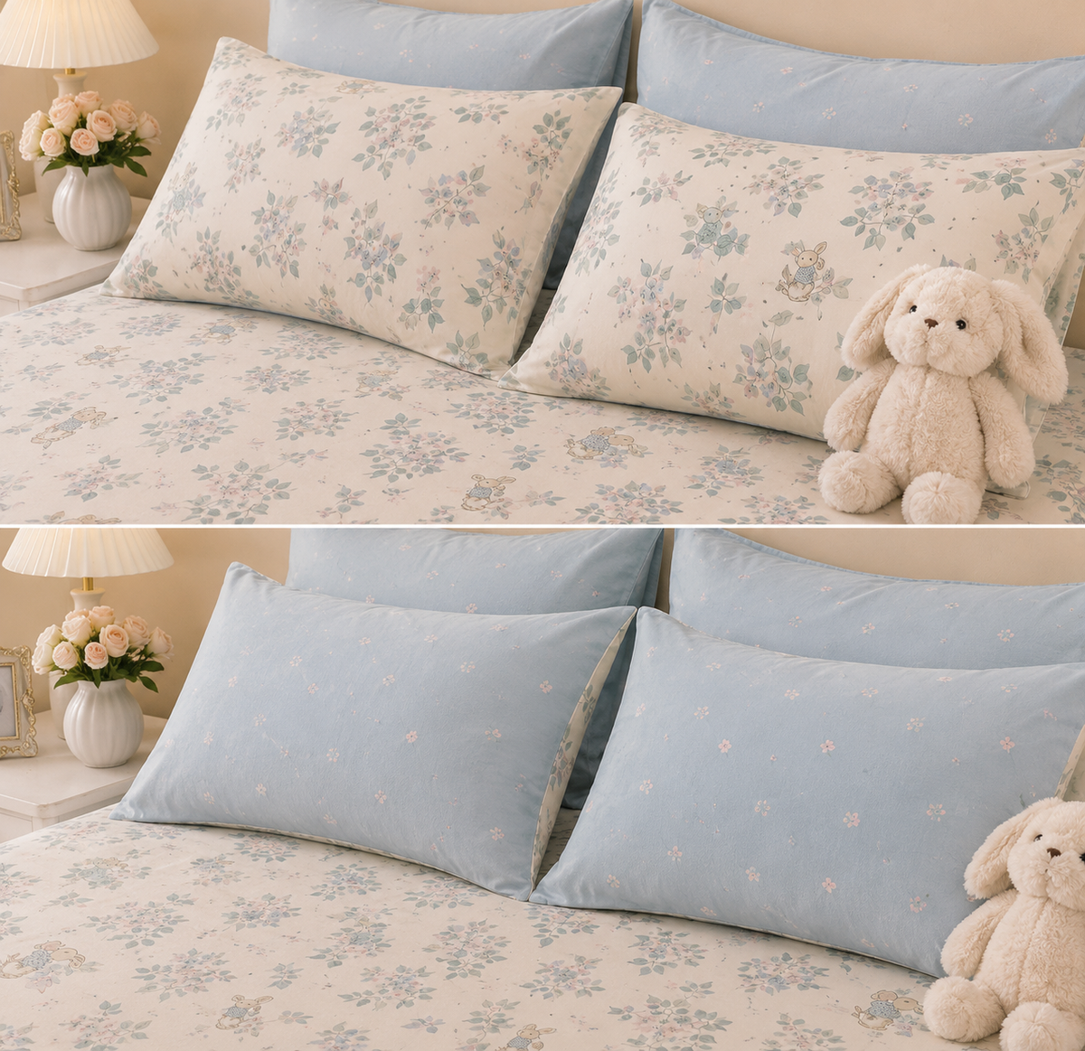 Ensemble de literie 4 pièces 100 % coton – Bleu fleuri