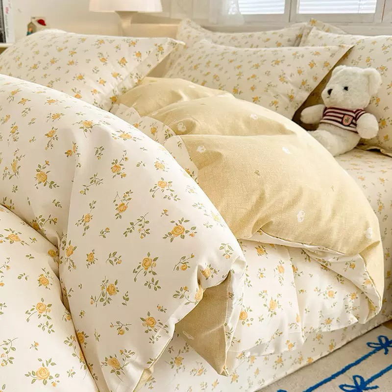 Ensemble de literie 4 pièces 100 % coton – Fleuri jaune & beige