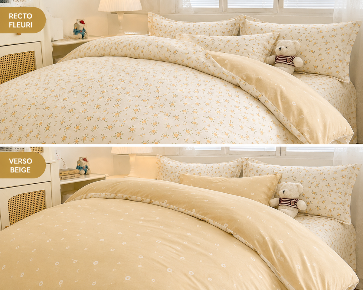 Ensemble de literie 4 pièces 100 % coton – Fleuri jaune & beige