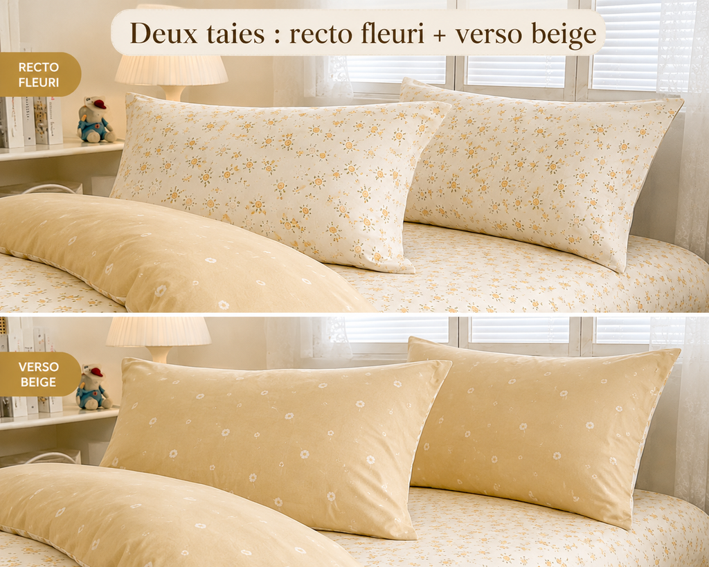 Ensemble de literie 4 pièces 100 % coton – Fleuri jaune & beige