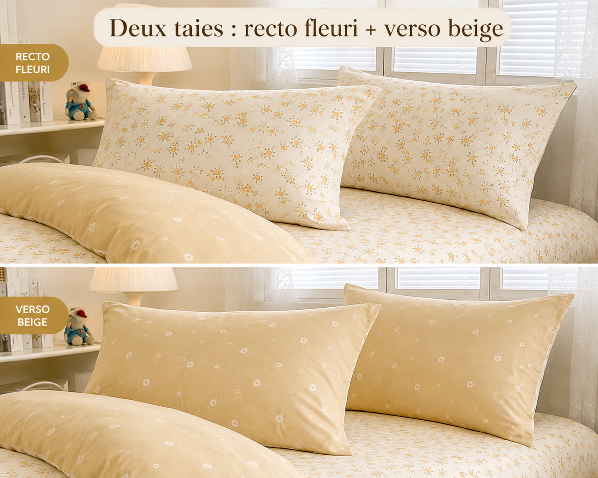Ensemble de literie 4 pièces 100 % coton – Fleuri jaune & beige