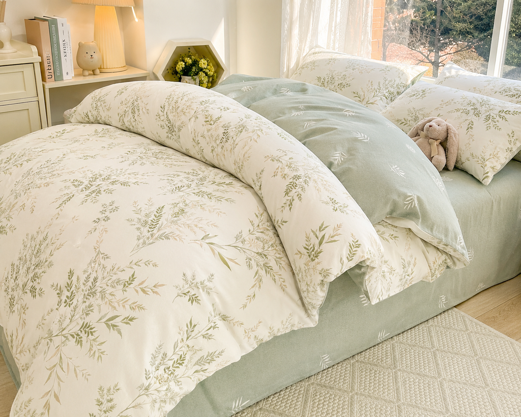 Ensemble de literie 4 pièces 100 % coton – Vert sauge fleuri