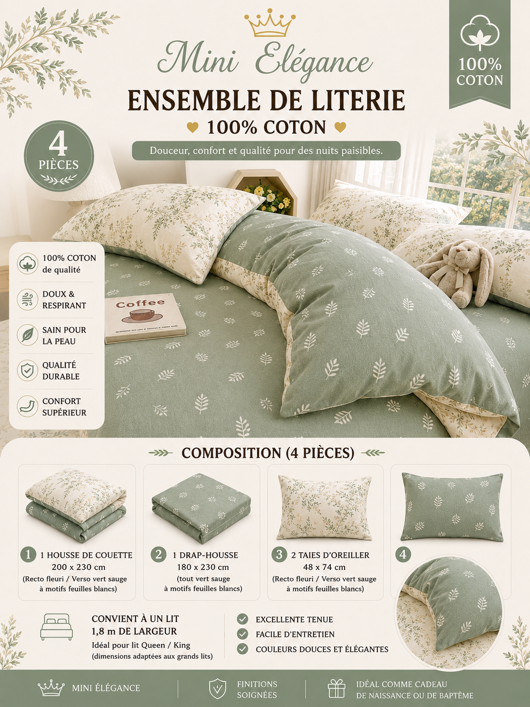 Ensemble de literie 4 pièces 100 % coton – Vert sauge fleuri