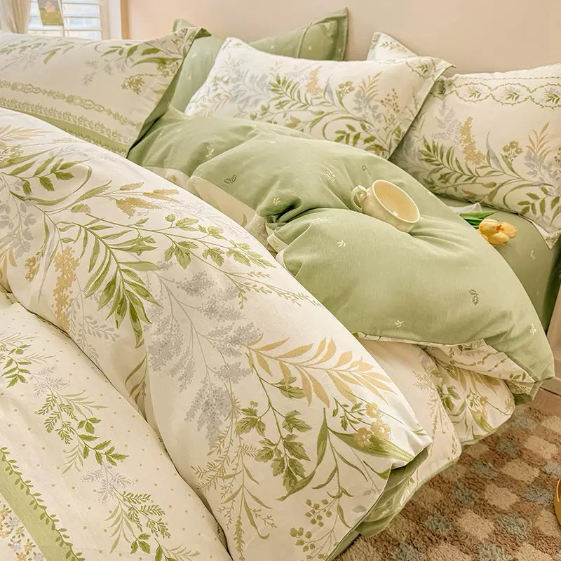 Ensemble de literie 4 pièces 100 % coton – Vert sauge botanique