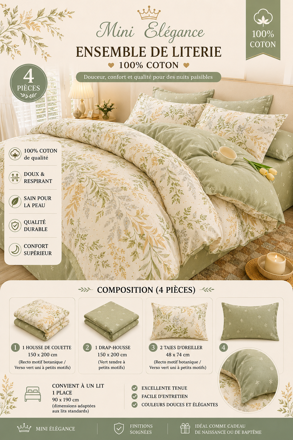 Ensemble de literie 4 pièces 100 % coton – Vert sauge botanique