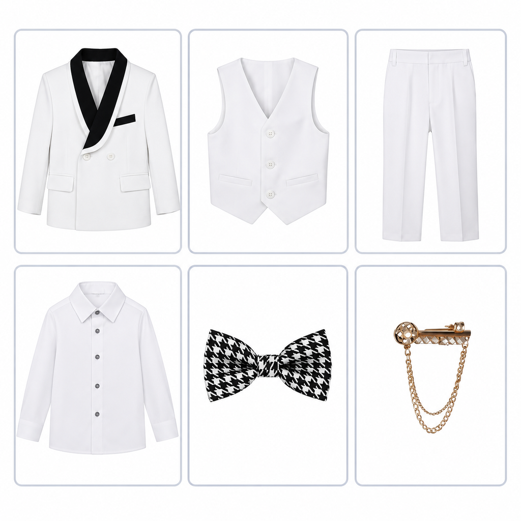 Costume Cérémonie Garçon 6 Pièces – Blanc & Noir