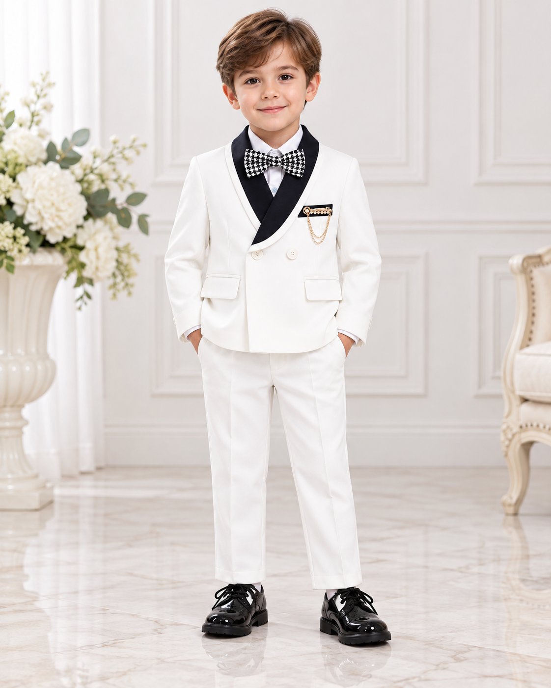 Costume Cérémonie Garçon 6 Pièces – Blanc & Noir