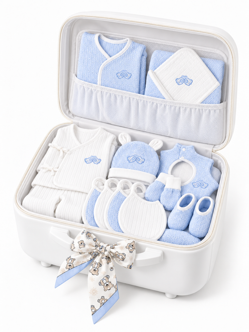 Coffret Naissance Luxe Bleu – 27 Pièces avec Valisette Premium