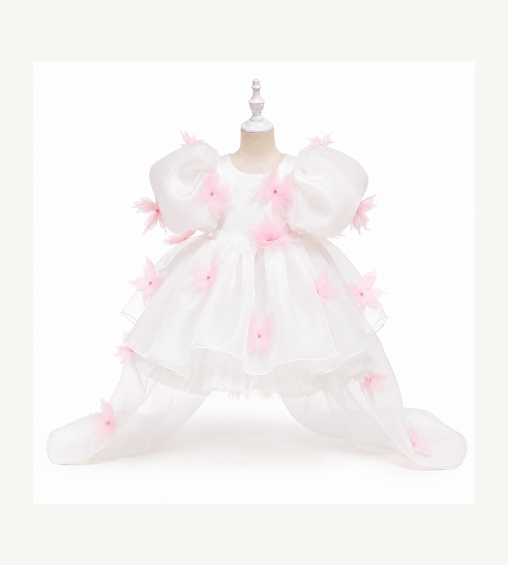 Robe Princesse Florale Blanc & Rose Poudré – Édition Cérémonie