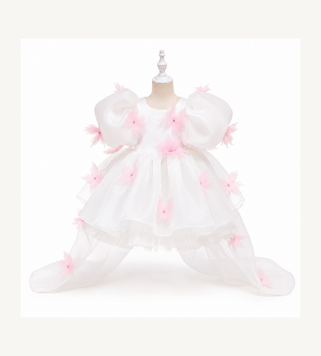 Robe Princesse Florale Blanc & Rose Poudré – Édition Cérémonie