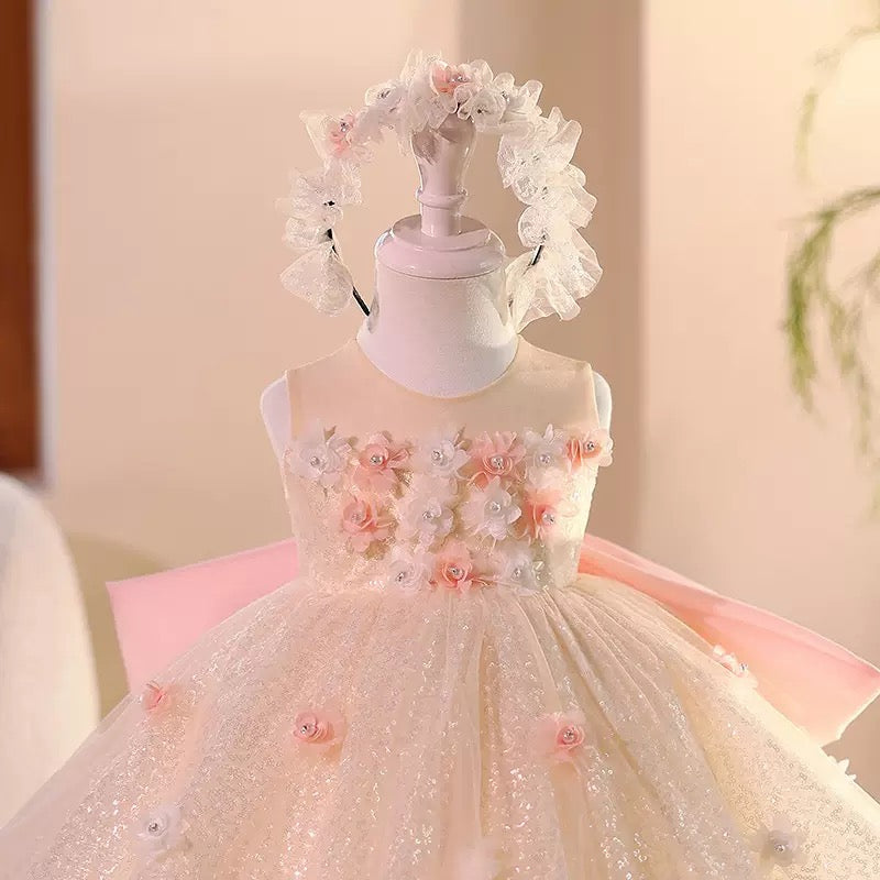 Robe Princesse Fleurie Ivoire et Rose Poudré