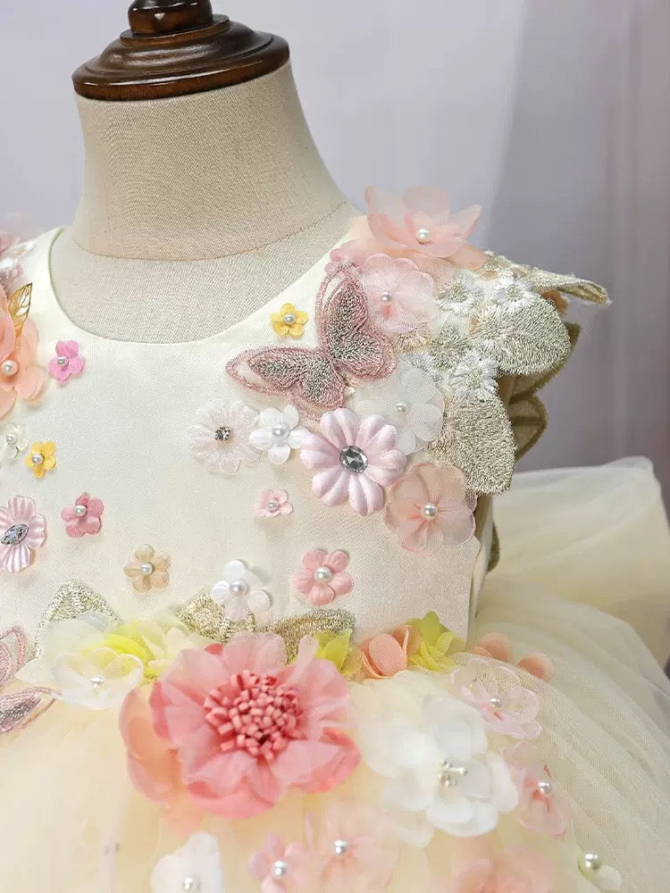 Robe Princesse Fleurie Ivoire et Rose Poudré