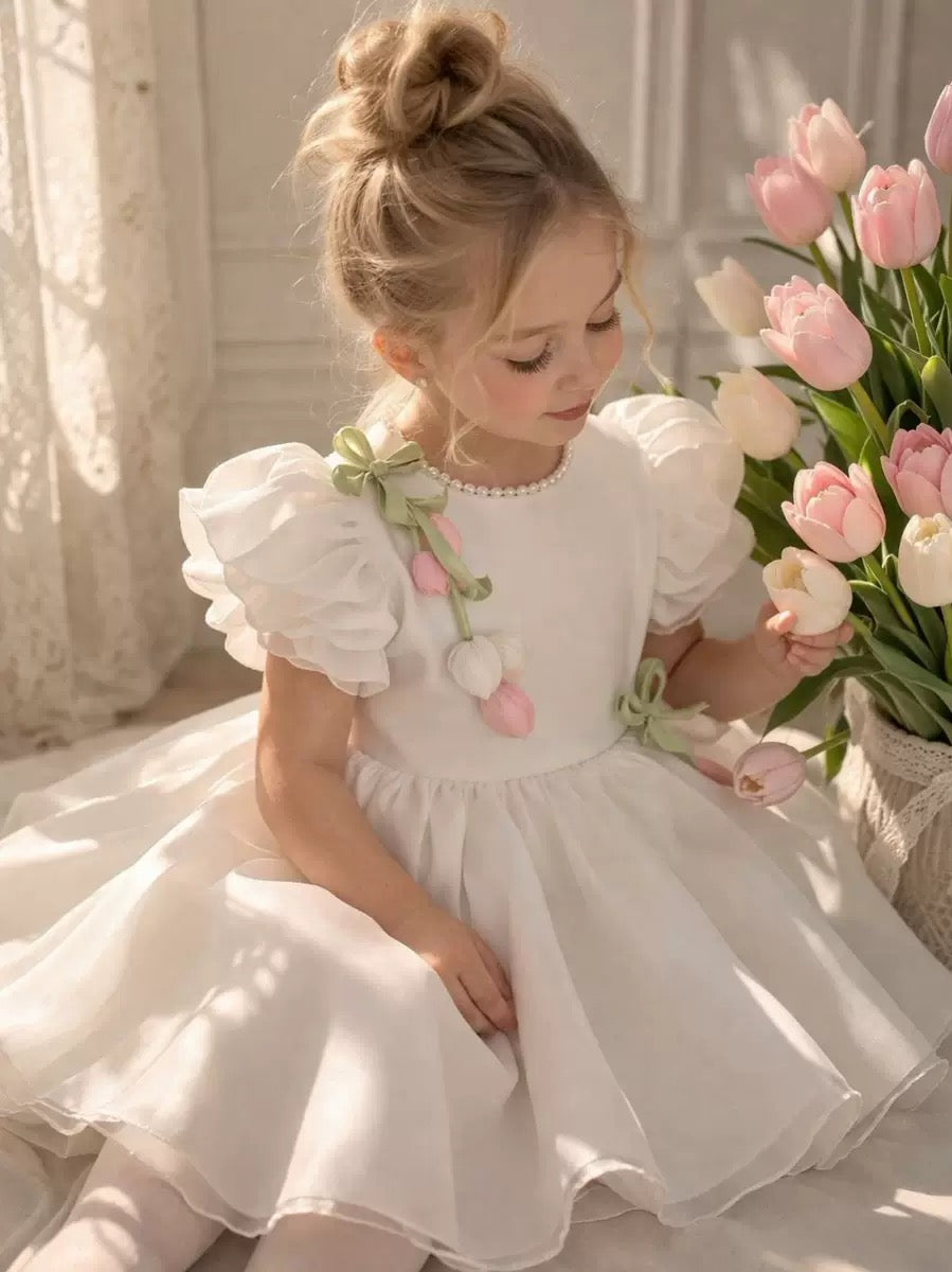 Robe Princesse Tulipe Blanche et Rose Poudré | Mini Elegance