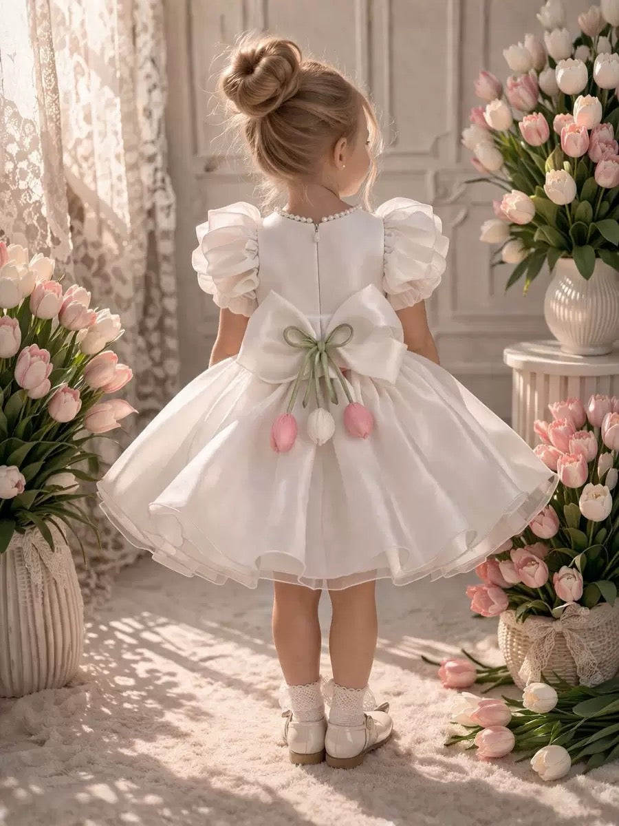 Robe Princesse Tulipe Blanche et Rose Poudré | Mini Elegance