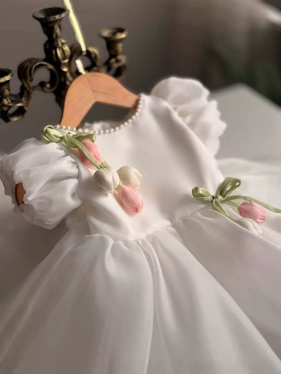 Robe Princesse Tulipe Blanche et Rose Poudré | Mini Elegance