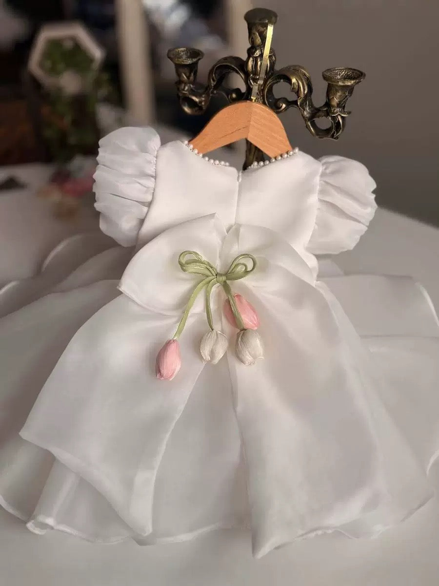 Robe Princesse Tulipe Blanche et Rose Poudré | Mini Elegance