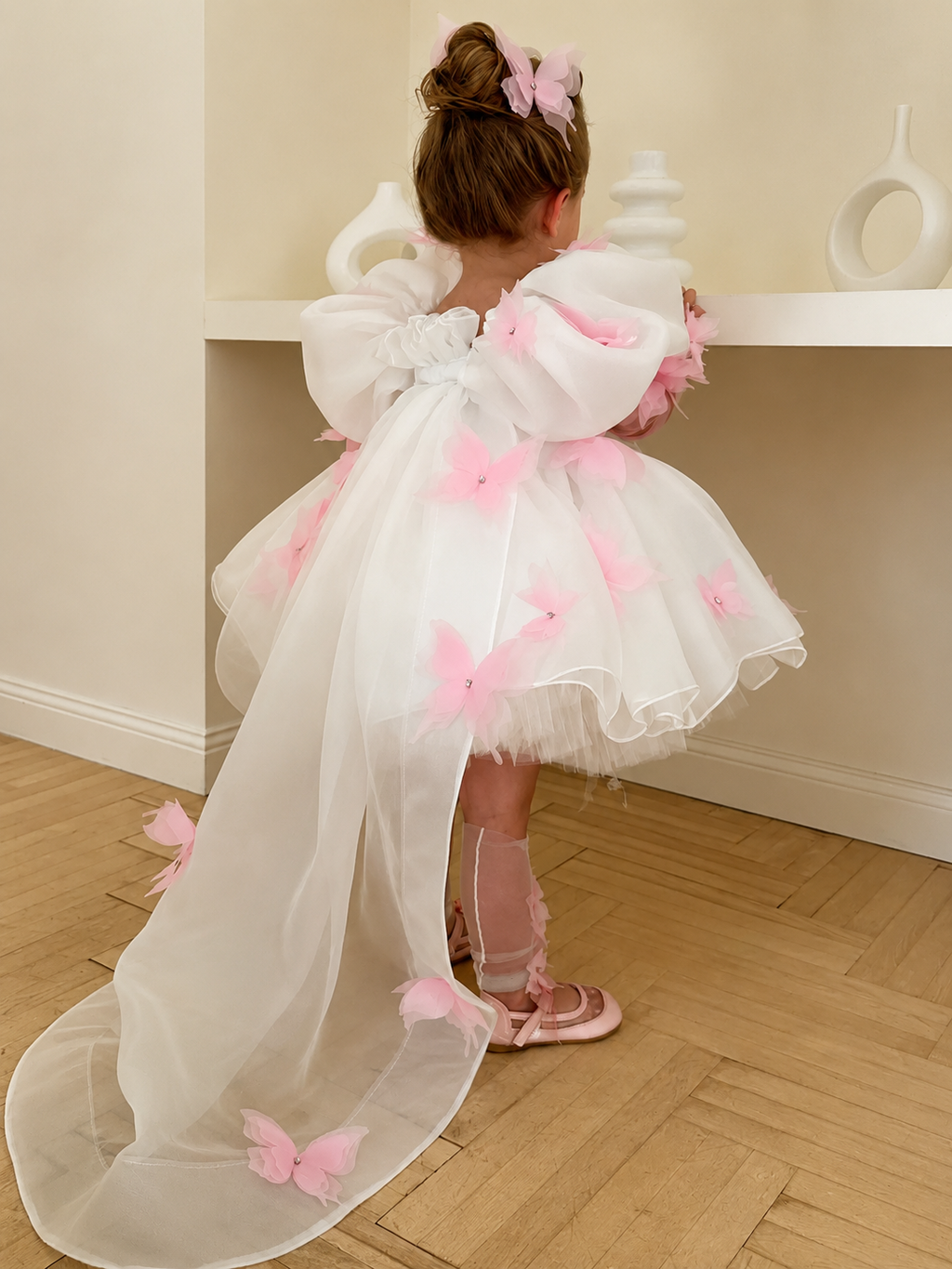 Robe Princesse Florale Blanc & Rose Poudré – Édition Cérémonie