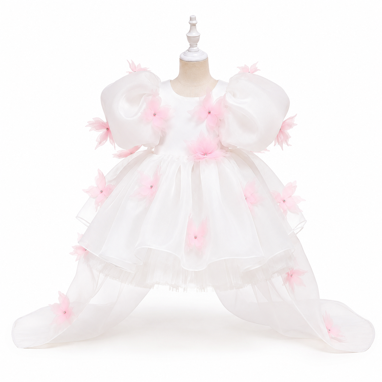 Robe Princesse Florale Blanc & Rose Poudré – Édition Cérémonie
