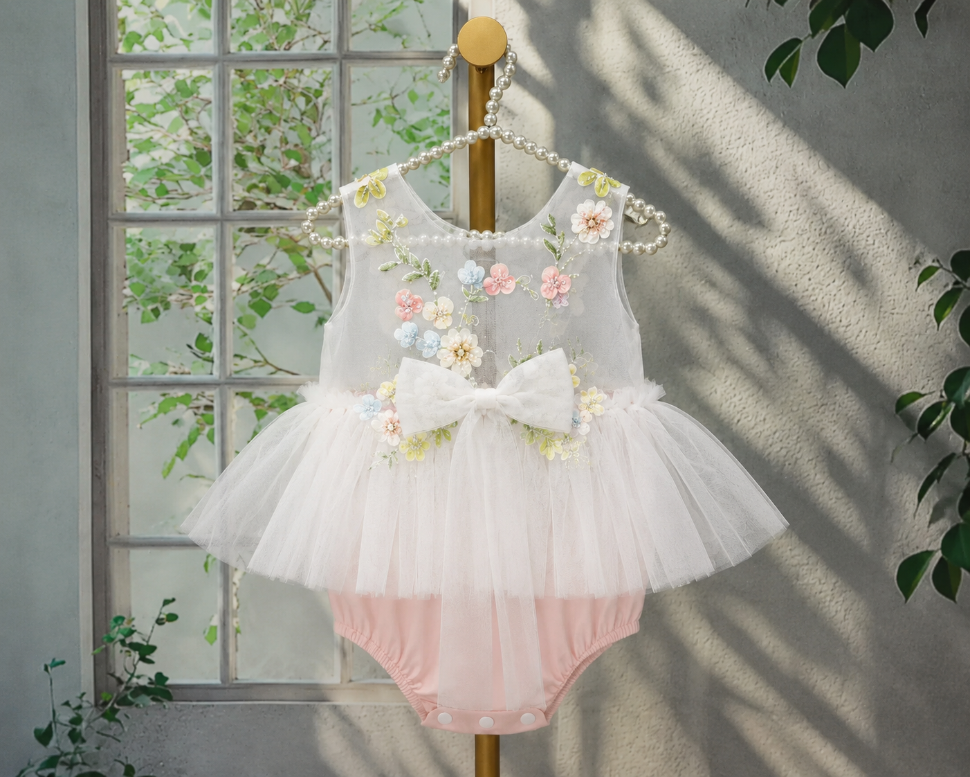 Barboteuse Fleurie Rose Poudré – Cérémonie & Baptême Bébé Fille