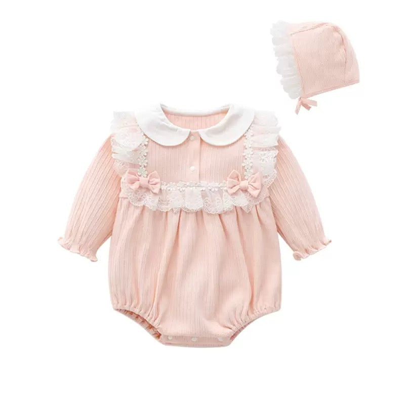 Barboteuse Dentelle Élégance – Rose Poudré & Ivoire