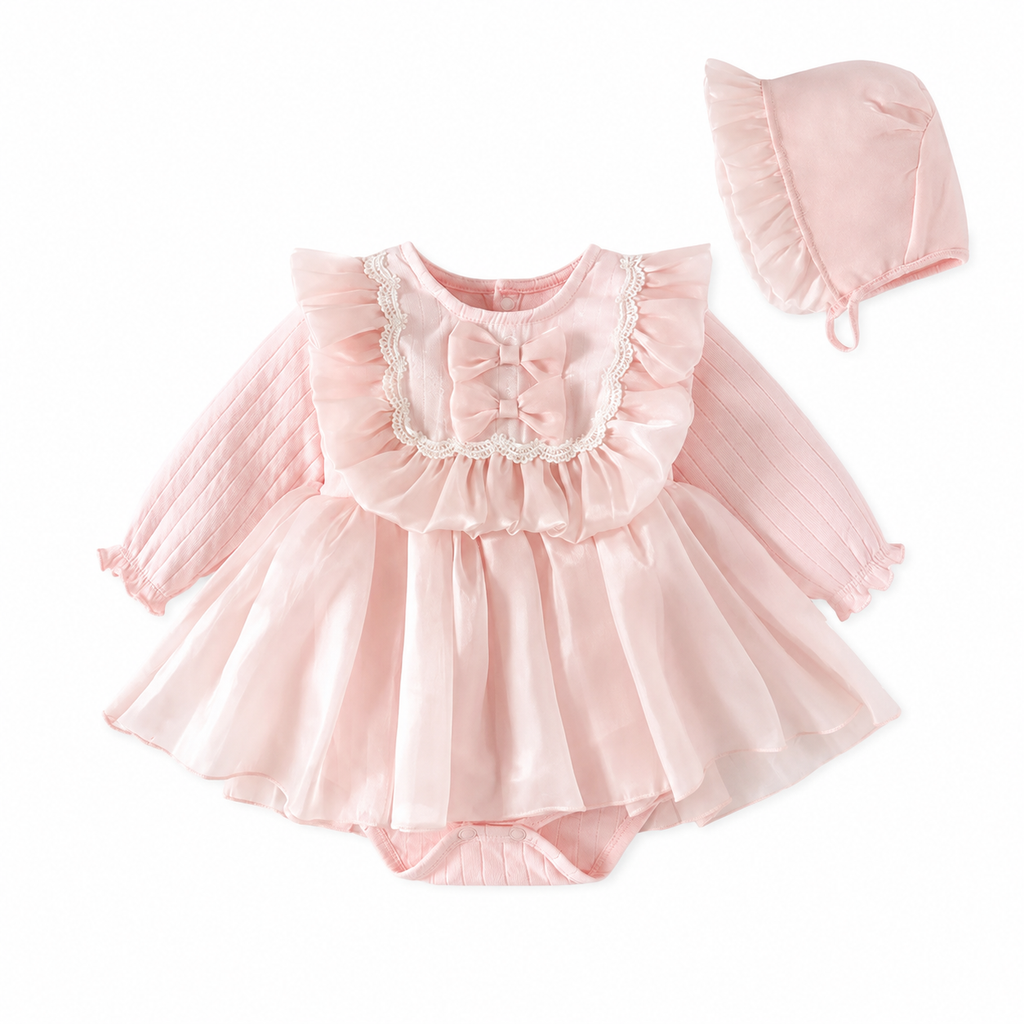 Robe Barboteuse Princesse Bébé Fille avec Bonnet