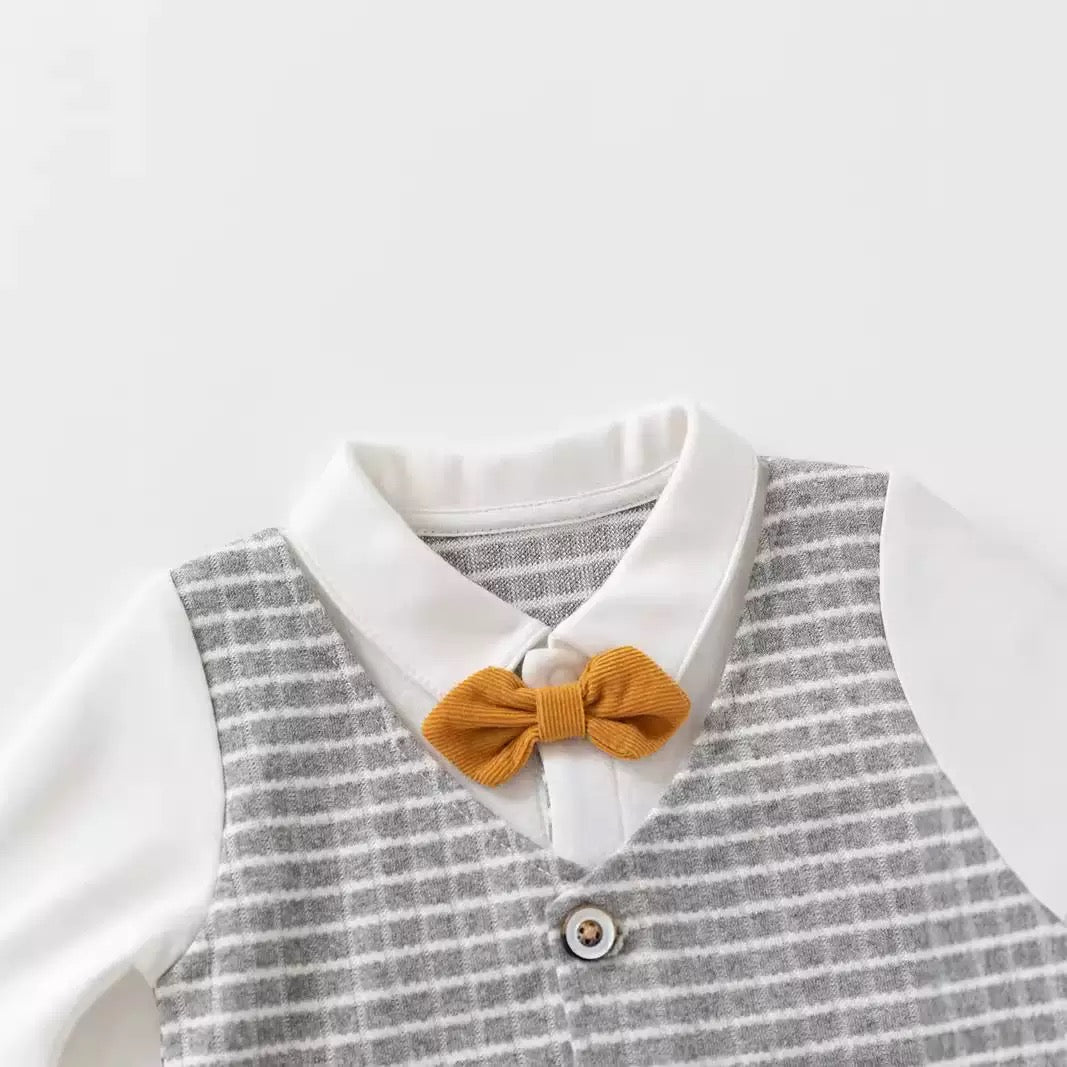 bébé garçon, barboteuse garçon, baptême, cérémonie, mariage, nœud papillon, gris, élégant, naissance, Mini Elegance